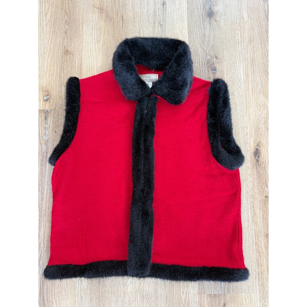 VTG Lisa International Boiled Wool Faux Fur Trim Vest Womens XL Red Black Zip Up